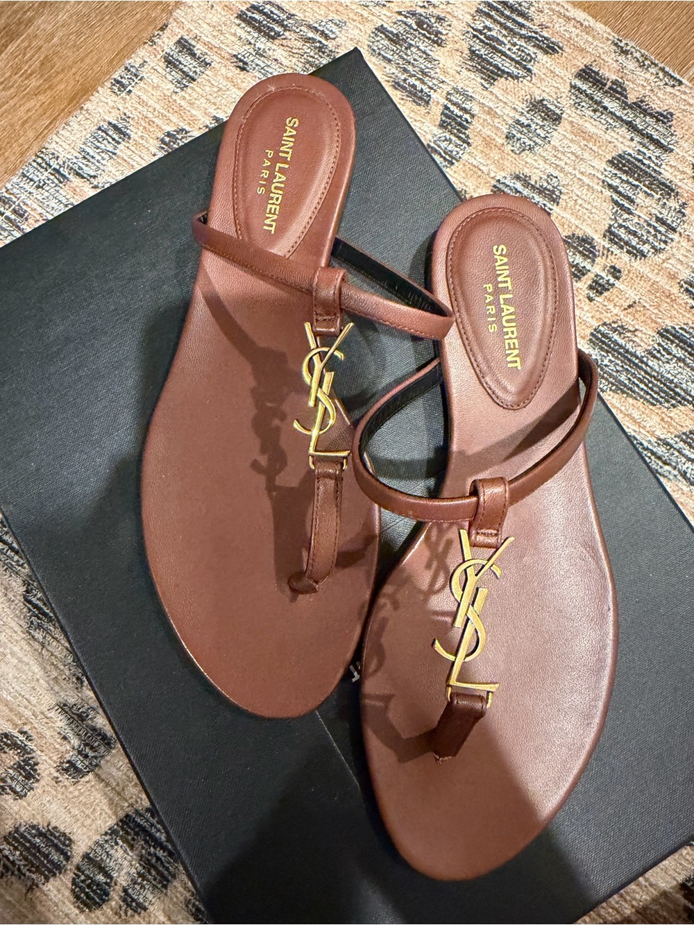 Saint Laurent Brown Leather YSL Logo Thong Sandals